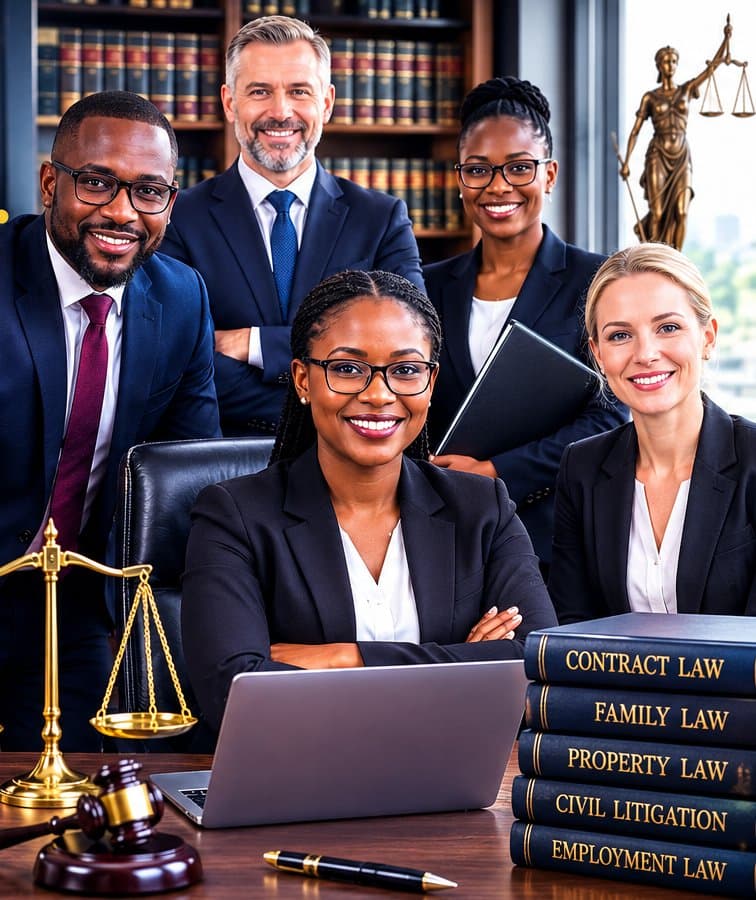JurisDraft legal team at a desk with law books, scales, and a gavel