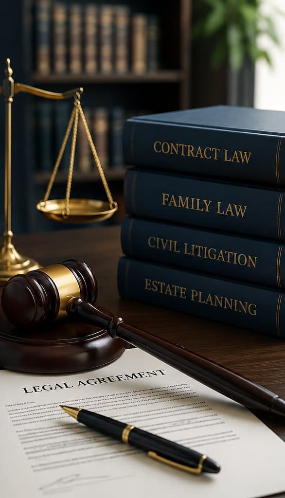 A legal agreement ready to sign, alongside a gavel and law books